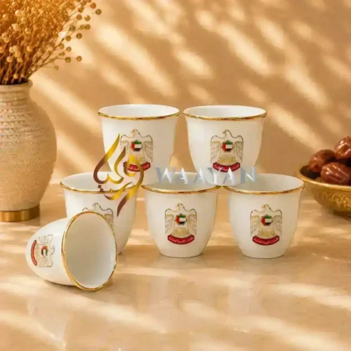 WGPCCSUE21 (4) Premium 12‑Piece UAE Emblem Porcelain Cawa Cup Set with Gold Rim