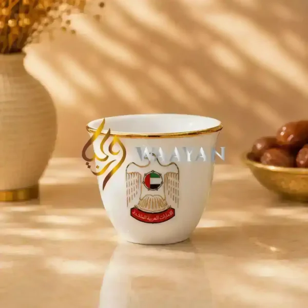 Premium 12‑Piece UAE Emblem Porcelain Cawa Cup Set with Gold Rim
