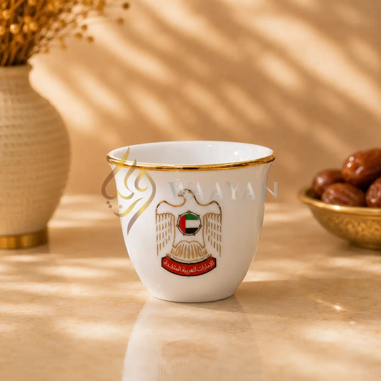 Premium 12‑Piece UAE Emblem Porcelain Cawa Cup Set with Gold Rim