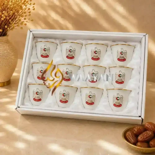 WGPCCSUE21 (6) Premium 12‑Piece UAE Emblem Porcelain Cawa Cup Set with Gold Rim