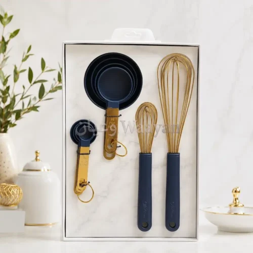 WNG10PMMS (1) 10-piece measuring cups and spoons with two whisks, navy silicone and gold-tone stainless steel, metal ring connectors