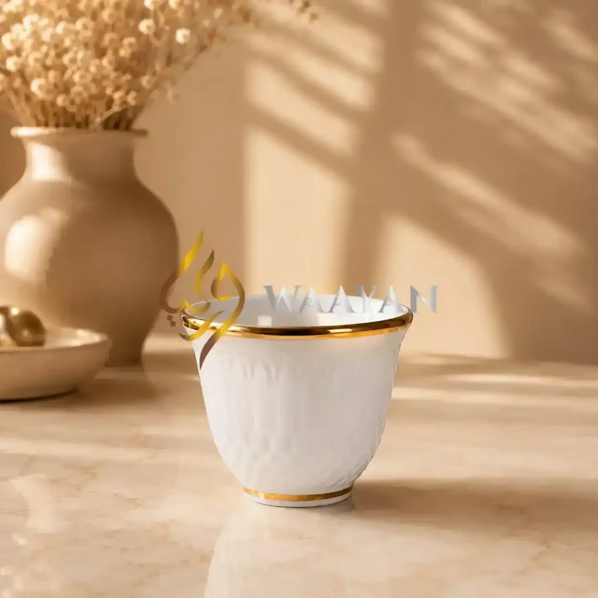 12-Piece Fine White Porcelain Cawa Cup Set with Gold Rims