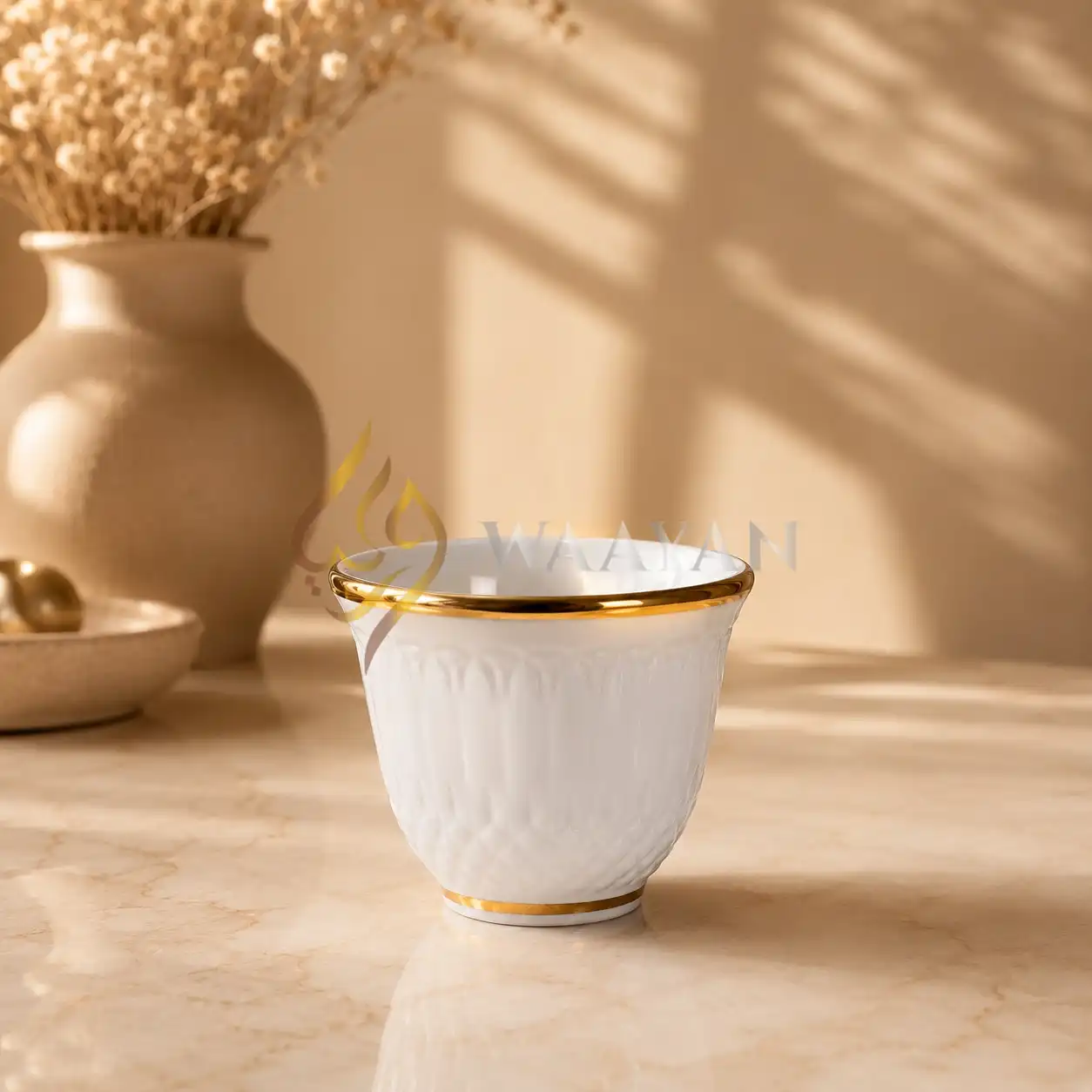 12-Piece Fine White Porcelain Cawa Cup Set with Gold Rims