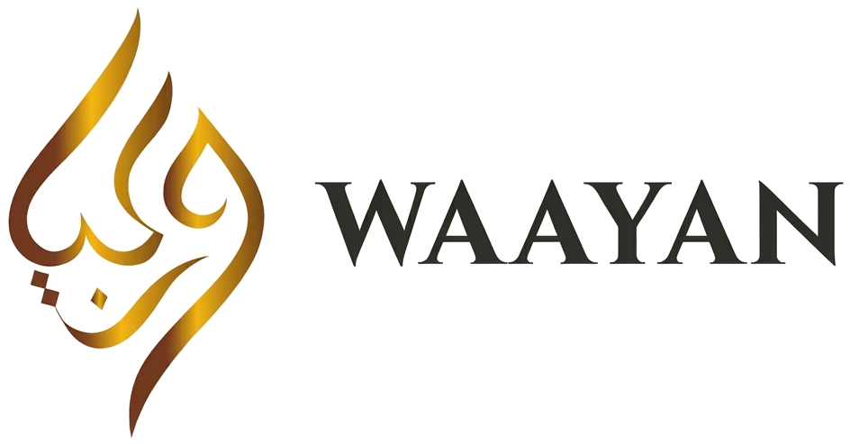 WAAYAN brand logo with gold and brown Arabic calligraphy and gray serif text on a transparent background