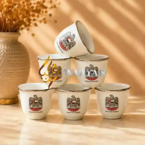 Premium 12‑Piece UAE Emblem Porcelain Cawa Cup Set with Silver Rim