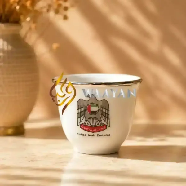 wsccsue22 (5) Premium 12‑Piece UAE Emblem Porcelain Cawa Cup Set with Silver Rim