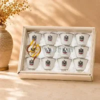 Premium 12‑Piece UAE Emblem Porcelain Cawa Cup Set with Silver Rim