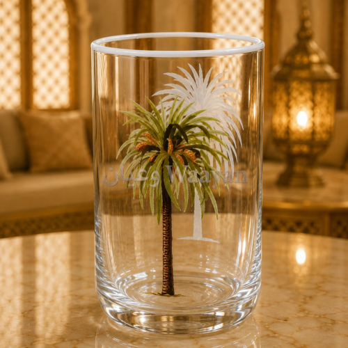 clear glass tumbler with painted green palm tree and white etched palm motif