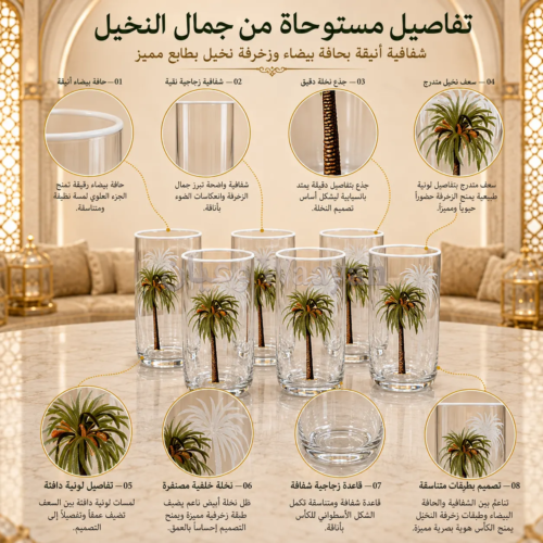 Set of 6 clear glass tumblers with palm tree print, white rim, and transparent base