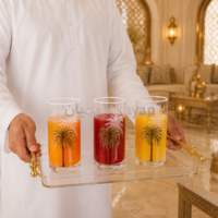 3-piece set of clear glass juice glasses with palm tree print