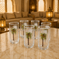 Set of 6 clear glass highball tumblers with palm tree motif