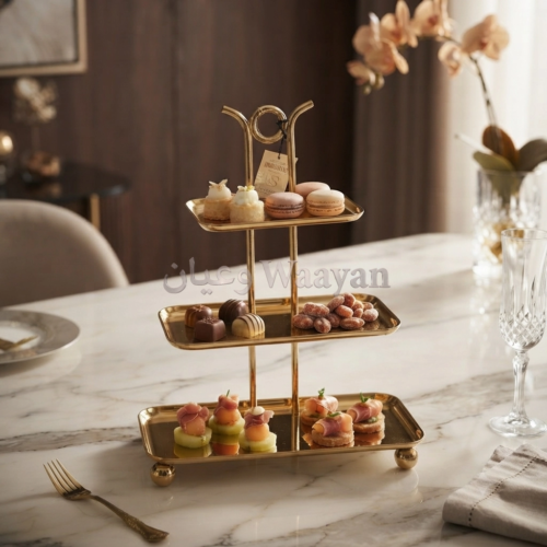 3-tier serving stand in polished gold metal with loop handle and ball feet