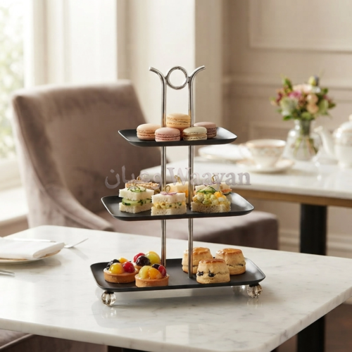 3-tier serving stand with matte black trays and silver metal frame, ring handle, and clear ball feet