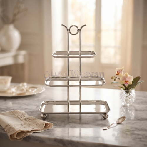 3-tier rectangular serving stand in polished silver stainless steel with ring top handle and ball feet