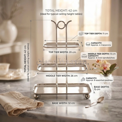 Three-tier serving stand in polished silver stainless steel with rectangular trays, ring top handle, and ball feet