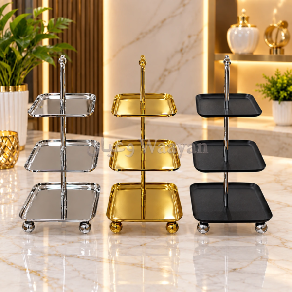 3TierGBS1.1 (8) 3-piece two-tier serving stand set in polished silver, glossy gold, and matte black metal with center posts and ball feet
