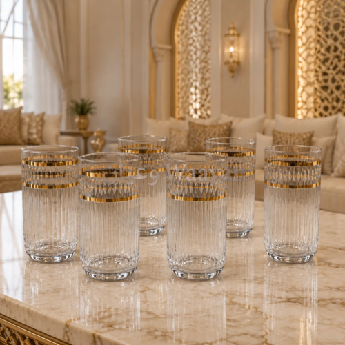 WAAYAN Fluted Gold Rim Crystal Highball Glasses - Clear and Gold Luxury Arabian Homeware UAE