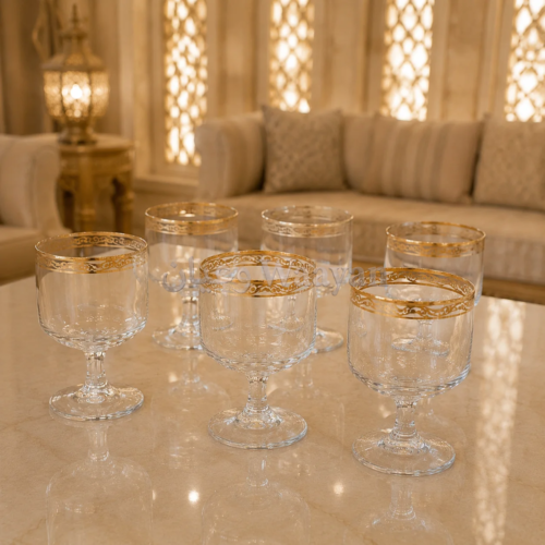Set of 6 clear glass goblets with gold rim