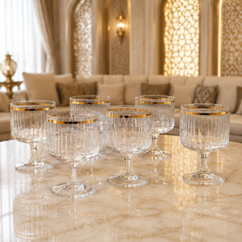 6pgs1.3 (3) Set of 6 clear fluted glass goblets with gold rim and short stems