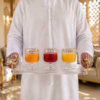 6pgs1.3 (4) 3-piece set of clear glass juice goblets with ribbed sides and gold rim