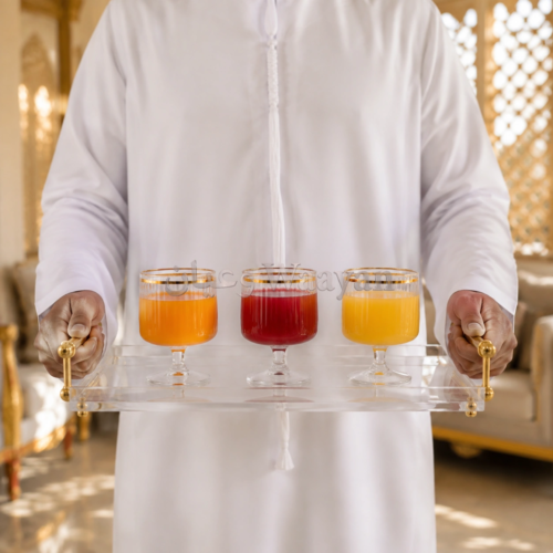 6pgs1.3 (4) 3-piece set of clear glass juice goblets with ribbed sides and gold rim
