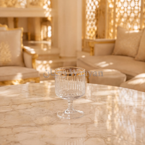 6pgs1.3 (5) Clear ribbed glass goblet with gold rim on a short stem