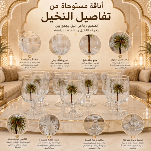 Set of 8 clear glass stemmed goblets with palm-tree motif and short stems on round pedestal bases
