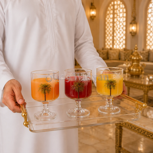 clear acrylic serving tray with polished gold metal side handles