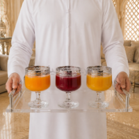 6pgs1.9 (3) 3-piece set of clear glass juice goblets with silver embossed rim