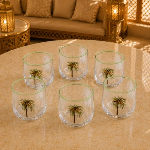 Set of 6 clear glass tumblers with green rim and palm tree print