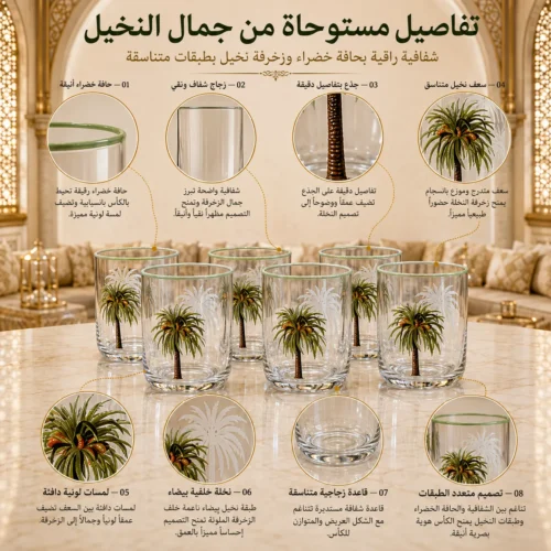 8-piece set of clear glass drinking tumblers with green rim and palm tree motif