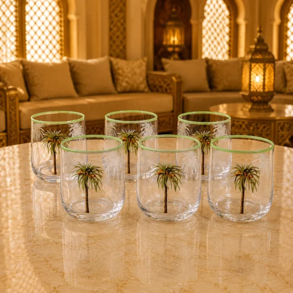 6ptpg1 (5) WAAYAN Palm Tree Glass Tumbler Set - Clear and Green Rim Luxury Arabian Homeware UAE