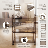 at1.1 (4) Three-tier serving trolley in bronze metal with smoked acrylic shelves, side handles and four caster wheels