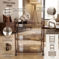 at1.1 (5) Smoky brown acrylic serving trolley with 3 tiers, integrated side handles and caster wheels, full front view