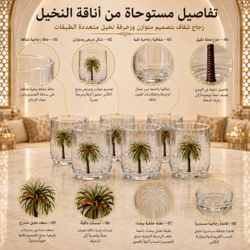 6-piece set of clear glass tumblers with palm tree print, smooth rim, and heavy base