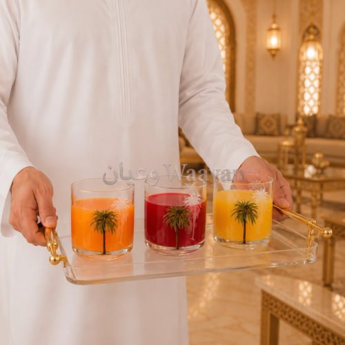 Clear glass serving tray with polished gold metal side handles, close-up angled view
