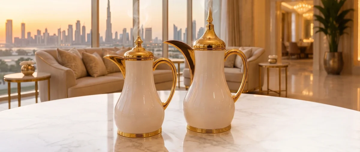 2-piece set of dallah coffee pots in white with polished gold-tone metal, domed lids, curved handles, and pouring spouts
