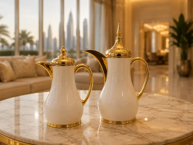 2-piece set of white porcelain dallah coffee pots with polished gold spouts, handles, bases, and domed lids