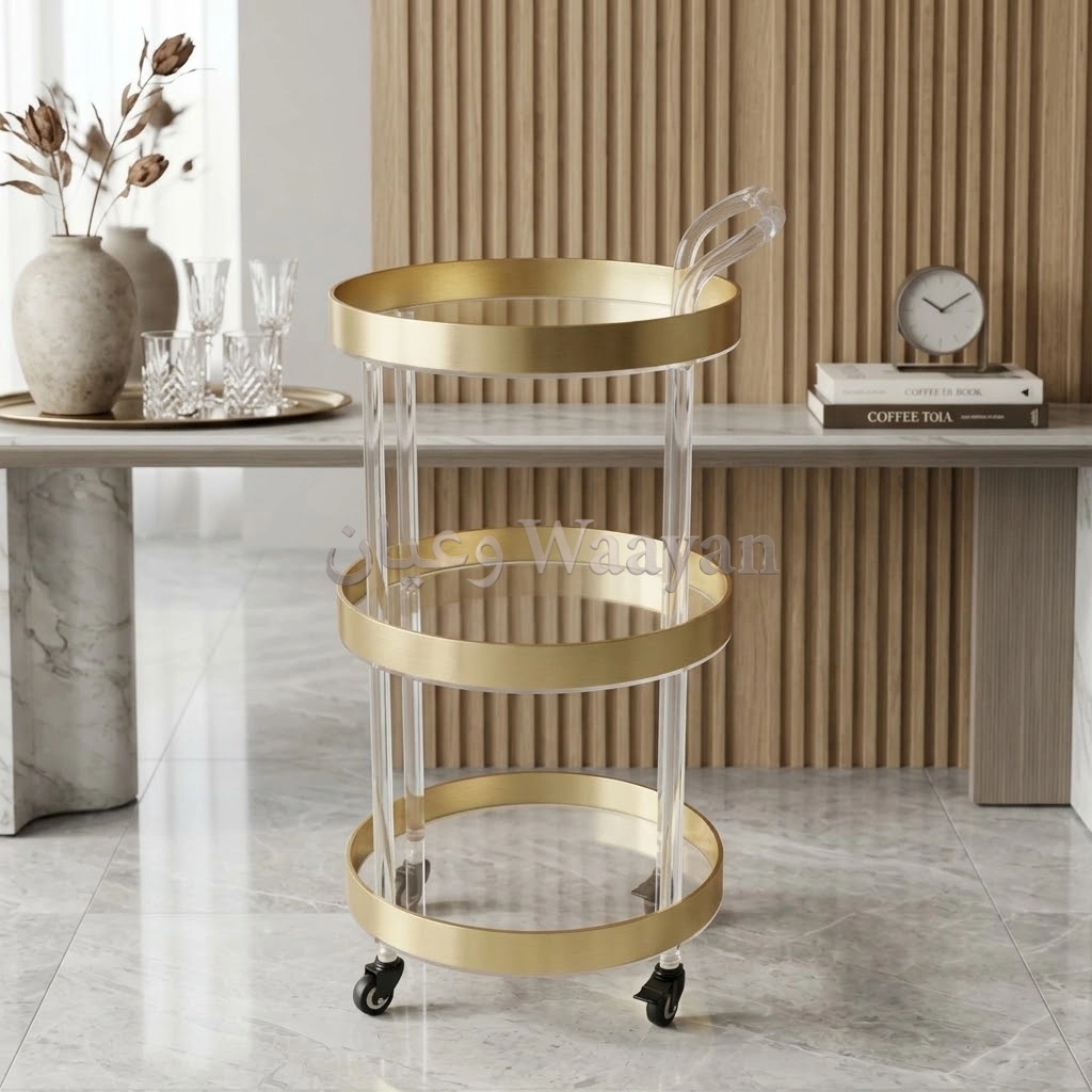 Three-tier round gold acrylic trolley with clear posts and wheels by Waayan