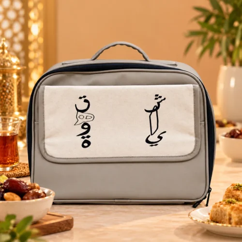 16EDD308-0E46-4204-82F3-E7B335722493 Light gray fabric thermal food warmer bag with beige canvas flap, top handle, and zipper closure