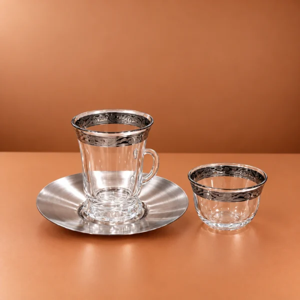 18 Piece Cawa Cup Set with Black Tea Cups and Saucers 18 piece cawa cup set with clear cups and matching reflective saucers