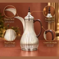 1L vacuum flask with a fluted silver-tone design Close view of the flask’s curved spout, pointed finial, fluted body and dark handle
