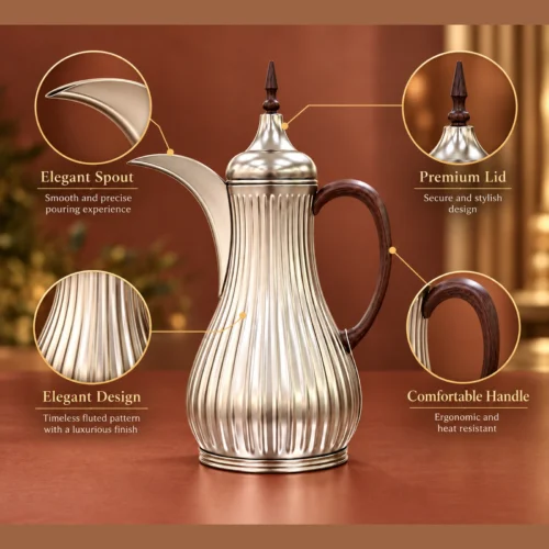 1L vacuum flask with a fluted silver-tone design Close view of the flask’s curved spout, pointed finial, fluted body and dark handle