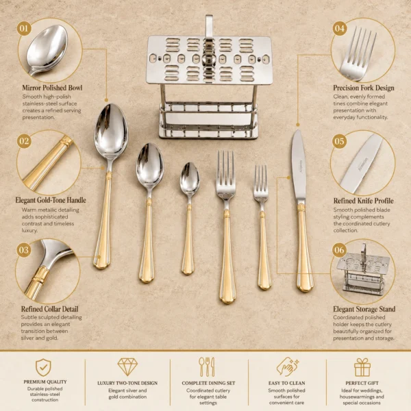 28 piece cutlery set displayed with two-tone handles and a coordinating stand
