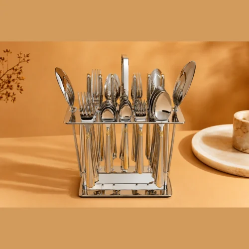 28 piece cutlery set with two-tone handles Cutlery arranged upright in a polished display stand