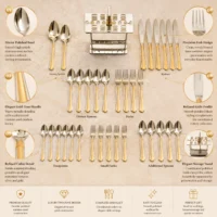 28 piece cutlery set with two-tone handles Cutlery set infographic showing serving spoons, forks, knives and stand