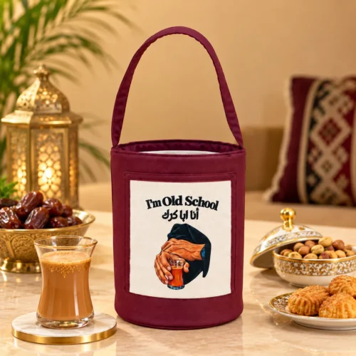 34F038E0-3C14-478C-80D5-C275908B88AB Burgundy fabric thermal food warmer with canvas front panel and top handle