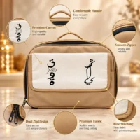 55938008-2453-48B2-BF91-67D4782823D6 beige fabric carrying bag with white canvas front panel, dual zippers, and top handle