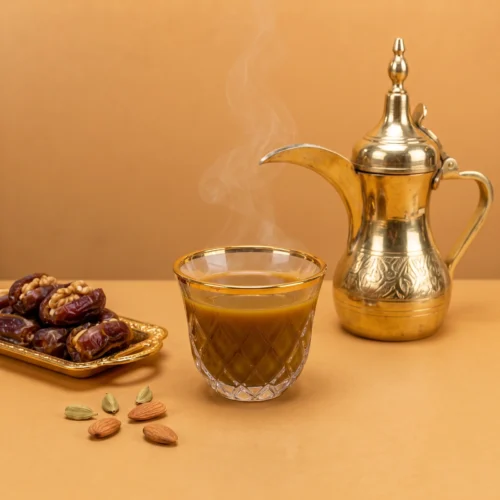 Cawa cup beside a coffee pot and dates in a styled serving scene