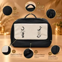98DEB56C-51F7-4656-AA59-6AC0ADCF06F4 Black fabric travel bag with beige canvas front panel, top handle, and dual zipper pulls
